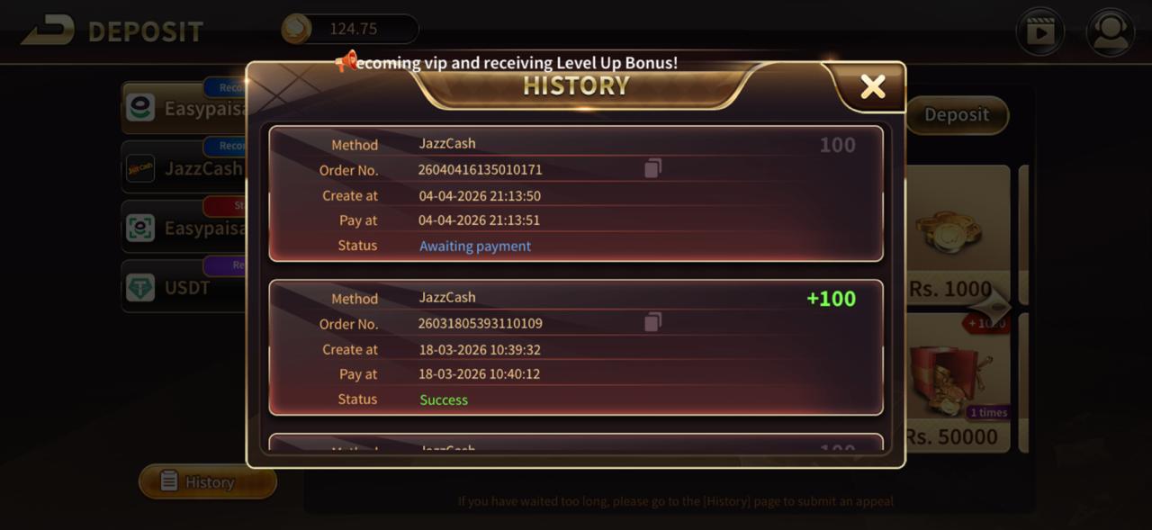 Royal X Casino deposit history listing order numbers, timestamps and statuses such as awaiting payment and success