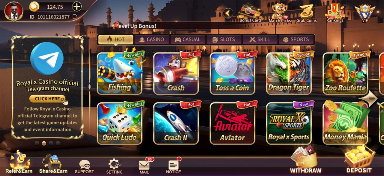 Royal X Casino game lobby showing category tabs and game tiles on an Android phone