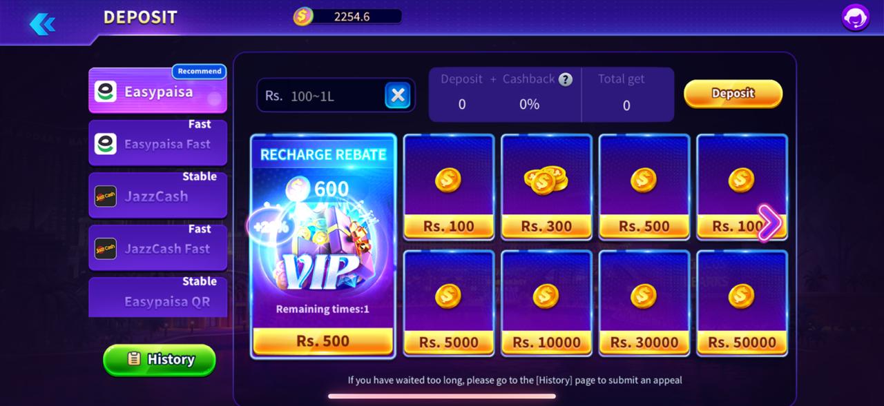 Deposit screen in Royal X Casino showing wallet payment methods and preset amounts